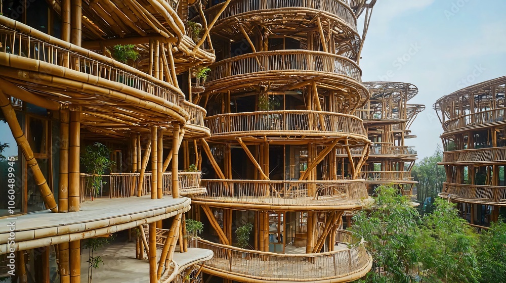 Poster innovative bamboo skyscraper construction merging nature with ai-powered architectural design for su