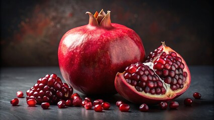 A Close-Up View of a Juicy Pomegranate, Revealed in its Ripe State, Surrounded by Scattered Seeds on a Dark Surface