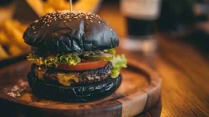 Indulge in a Gourmet Black Burger beautifully presented with crispy Fries on a Wooden Plate