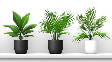 Three Plants in Pots on a White Shelf Abstract Gradient Background with Copy Space