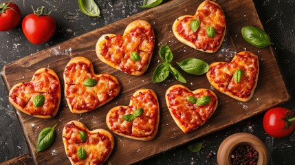 Heart-shaped Mini Pizzas on Wooden Board for Valentine's Day: Top View