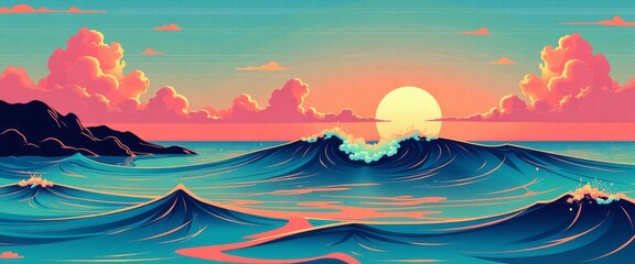 A beautiful ocean scene with a pink and orange sunset in the background. The waves are crashing against the shore, creating a sense of movement and energy. The sky is filled with clouds