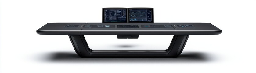 Futuristic smart desk with dual screens and sleek design, isolated on white background.