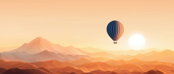 Obraz premium Hot air balloon soaring over mountain landscape at sunset, serene and picturesque view.