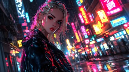 Neon-Soaked City Reflected in Female Anime Character's Leather Jacket