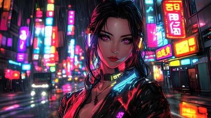 Femme Fatale in Neon-Lit City Landscape