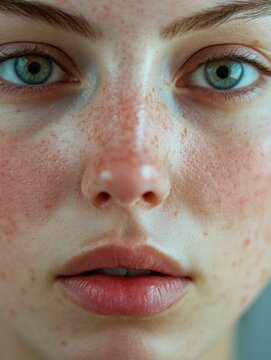 Close-up of a person's face focusing on freckles, acne, and texture