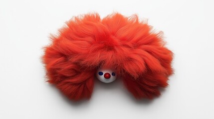 Bright orange clown wig with fluffy texture surrounding a white face with red nose and blue eye makeup on a white background