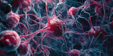 Microscopic close-up of cells with vibrant red and purple colors. Scientific imagery for educational, medical or biological purposes.