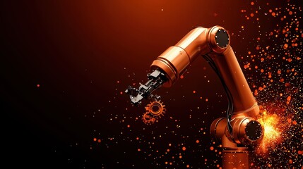 Orange robotic arm with sparks highlighting its mechanical details and gears in a dynamic composition.