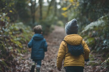 Fototapeta premium Two young children walking up a forest trail, wearing backpacks and jackets, enjoying the outdoor adventure.