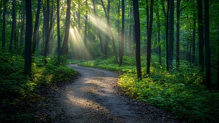Fototapeta premium Winding Trail Through Lush Forest with Sun Rays Breaking Through Canopy