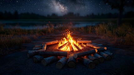Serene Wilderness Retreat Under the Starry Night Sky with Crackling Campfire