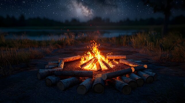 Serene Wilderness Retreat Under the Starry Night Sky with Crackling Campfire