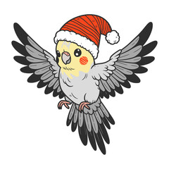 cute cockatiel parrot wearing a Christmas hat illustration