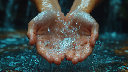 water pours through the palms close-up