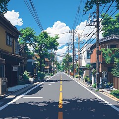A picturesque street in a Japanese town, with traditional houses and lush greenery, under a bright blue sky with fluffy clouds.