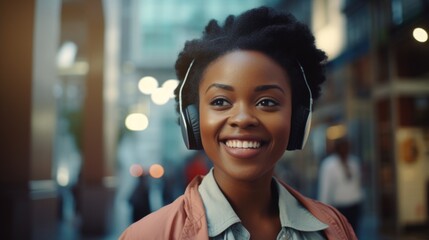 African-American woman in a business setting, smiling broadly and wearing headphones.