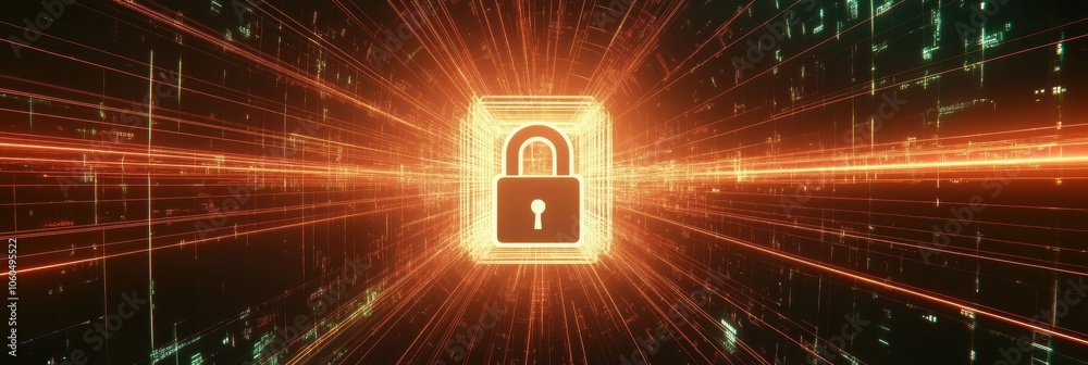 Aufkleber a lock icon is prominently featured on a computer screen, surrounded by glowing digital lines repres