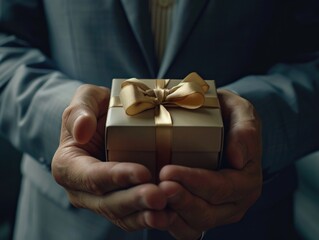 Hand holding wrapped gift box with gold ribbon, celebrating achievement or holiday