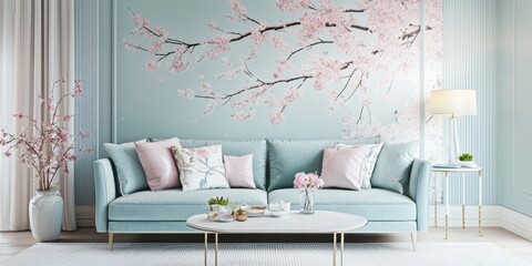 Lovely and colorful living room with a blue-toned palette, featuring pink and white accents on the sofa.