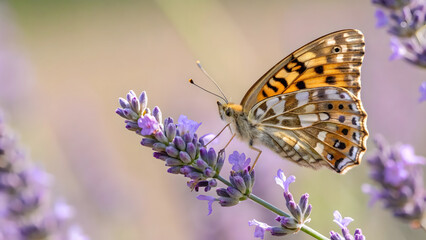 Obraz premium butterfly perched on lavender flower, showcasing vibrant colors and intricate patterns. serene setting highlights beauty of nature and delicate balance of ecosystems