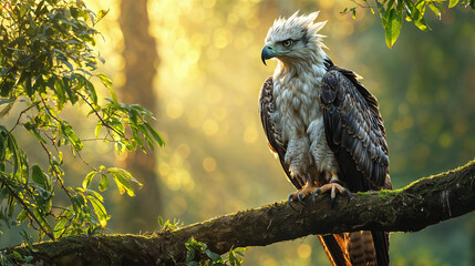 Majestic harpy eagle perched on a tree branch in a sunlit forest, showcasing strength, grace, and the beauty of nature's powerful birds of prey