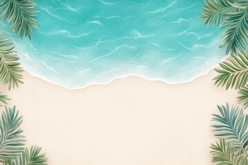 Top view of tranquil beach with aqua waves and lush palms, perfect for vacation vibes and relaxation themes.