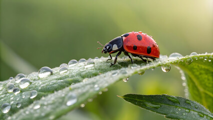 Naklejka premium close up of ladybug on green leaf with dew drops, showcasing nature beauty and detail. vibrant red and black colors contrast beautifully with green background