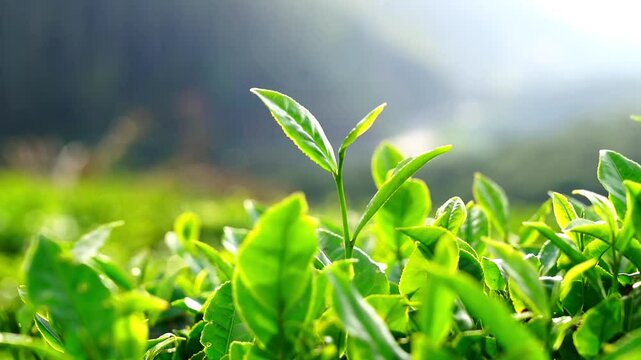 Close up of green tea leaf on plantation