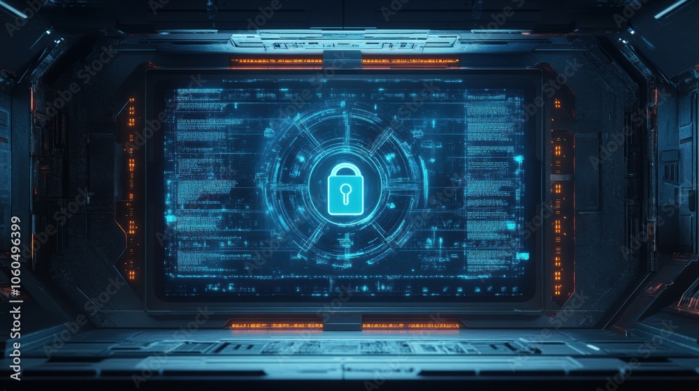 Poster The screen shows a prominent lock icon surrounded by a digital interface, highlighting security in a high-tech setting. Generative AI