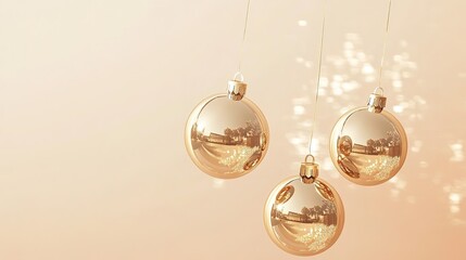Golden Christmas balls hanging with reflections