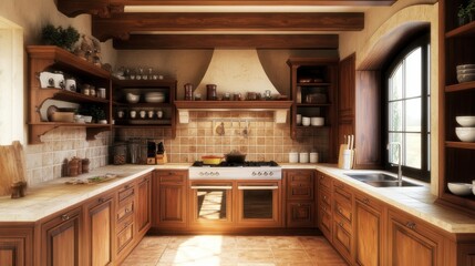 Cozy kitchen background with warm wooden cabinets, cooking utensils, and natural light