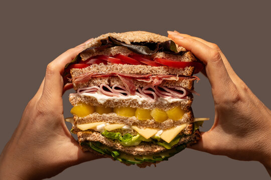 Hands holding giant layered rainbow sandwich with variety of fillings on neutral background.