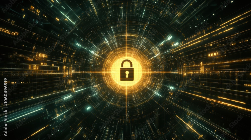Poster the visual depicts a central lock icon on a computer screen surrounded by glowing digital lines, emp