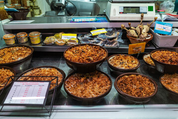 Delicatessen shop in Les Halles Market, Narbona or Narbonne, France