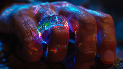 A close-up of a hand wearing a ring that glows with shifting, holographic colors, like a portal to another world.