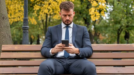 Fototapeta premium Businessman sitting on a bench outside, staring at his phone with a defeated look on his face.
