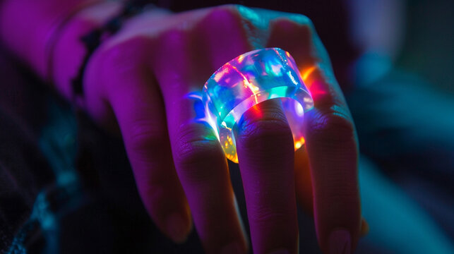 A close-up of a hand wearing a ring that glows with shifting, holographic colors, like a portal to another world.