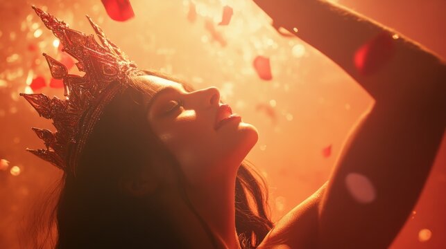 Crowning moment with detailed Miss Universe crown being placed, emotional expression of contestant under spotlight