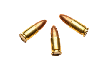 Three brass-cased ammunition cartridges resting on a transparent background, showcasing their shiny finish and detailed design