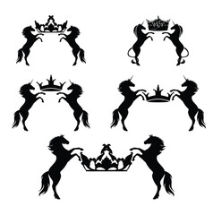 fantasy rearing up horses and unicorns holding royal crown -  rampant heraldic animals luxurious  black and white vector design set
