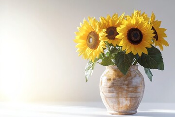 Vibrant sunflowers in a rustic vase, brightening any space.