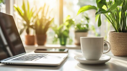A serene morning unfolds with a cup of steaming coffee beside a sleek smartphone, basking in soft sunlight that creates intricate shadow patterns on a white table.