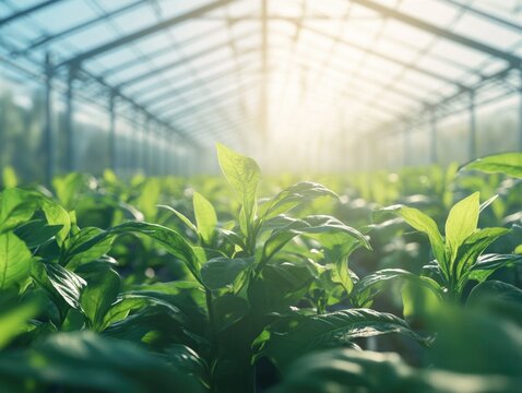 A vibrant greenhouse filled with healthy plants, indicative of a flourishing crop growth and environmentally friendly farming practices.