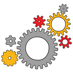 Hand drawn cartoon cogwheel teamwork connection on white background.