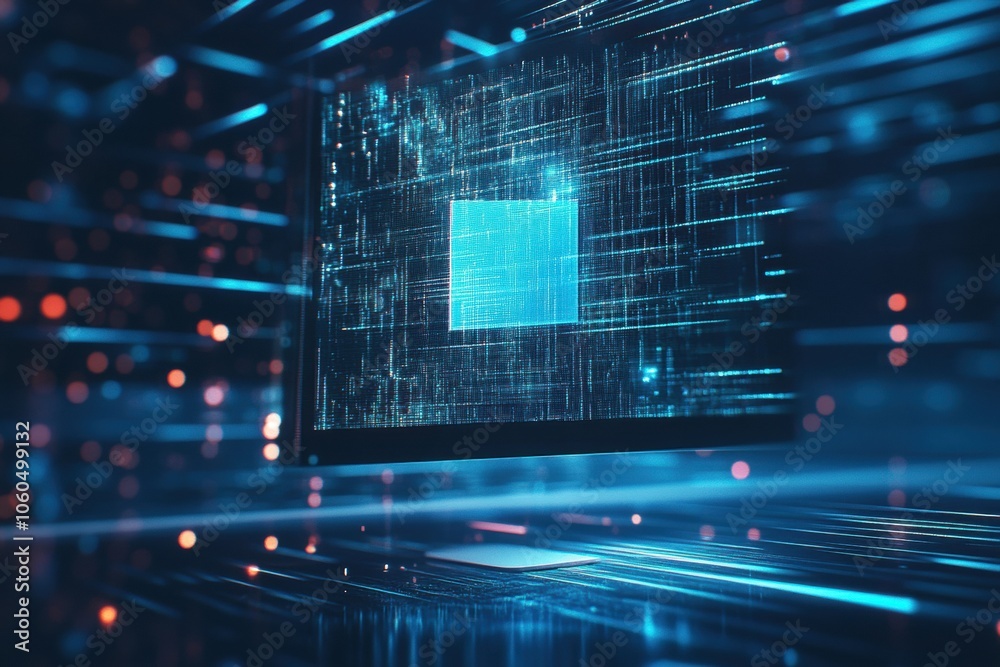 Poster A computer screen showcases a protection icon amidst dynamic blue and orange light patterns, highlighting cybersecurity features and data flow. Generative AI