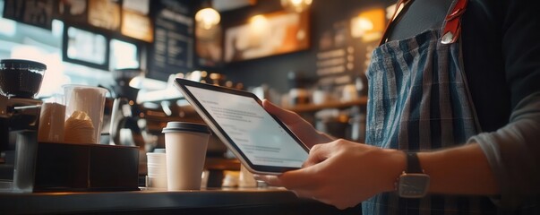 A barista using a tablet in a cozy cafe setting, showcasing modern technology for efficient service and customer interaction.