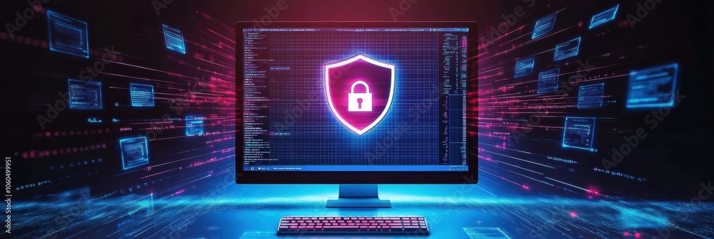 Fototapete the screen showcases a shield and lock icon, emphasizing robust internet security and protection fro