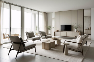 Fototapeta premium Minimalist, japandi interior design of modern living room with stylish furniture
